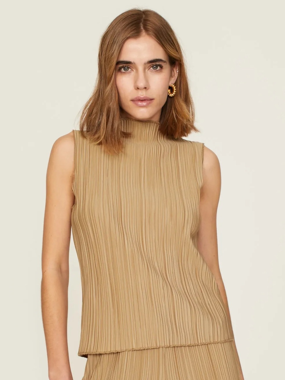 Anine Bing Pleated Rondi Tan Sleeveless Blouse Tank Top Size Medium Classic